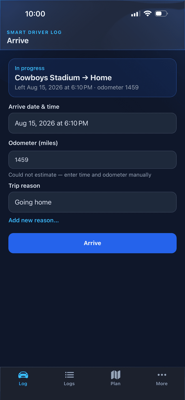 Arrive screen with the trip in progress, odometer, and trip reason ready to save