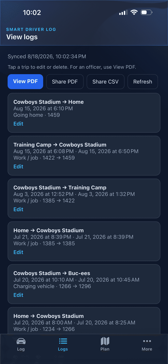 View Logs screen showing trips grouped by day